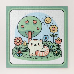 Quebra-cabeça Arte Desenhada de Gato Fofo em um Jardim