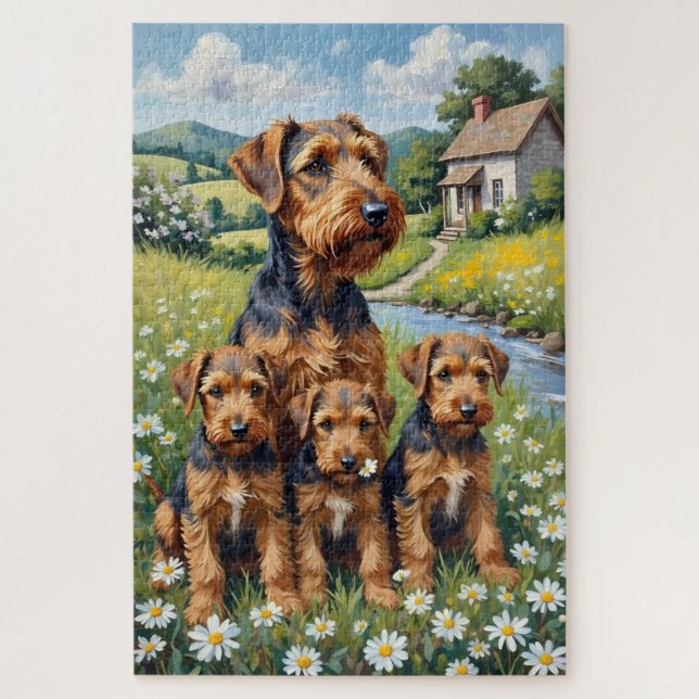 Quebra-cabeça Arte do Airedale Terrier Daisy Meadow (Vertical)