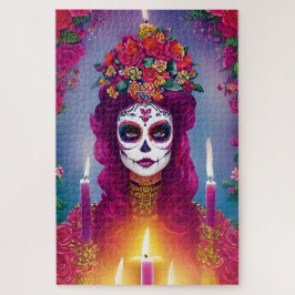 Quebra-cabeça Arte do Crânio do Açúcar - Linda Mulher em Altar