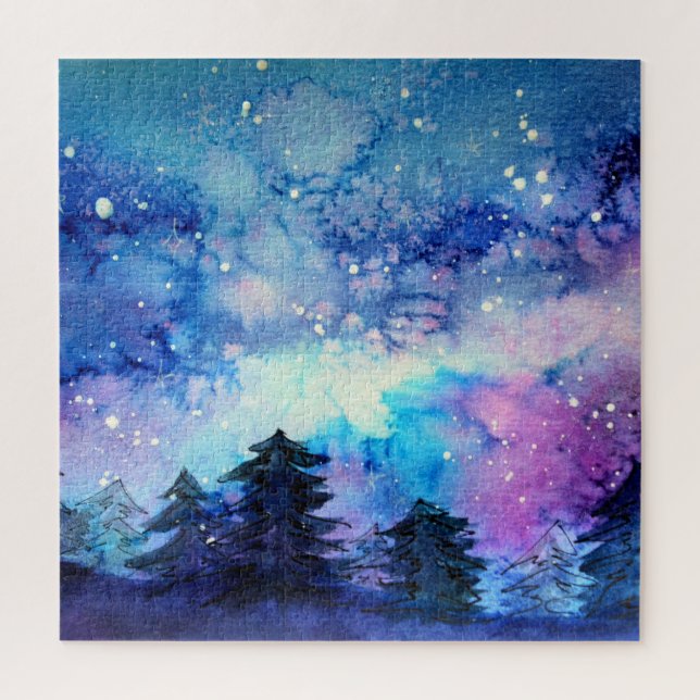 Quebra-cabeça Arte do Espaço de Aquarela: Árvores do Céu Noturno (Vertical)
