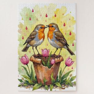 Quebra-cabeça Arte em Aquarela de Pássaros Robin Primavera Amor