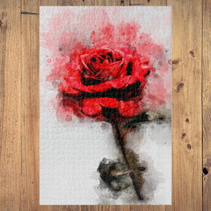 Quebra-cabeça Arte em Aquarela de Rosa Vermelha em Fundo Branco