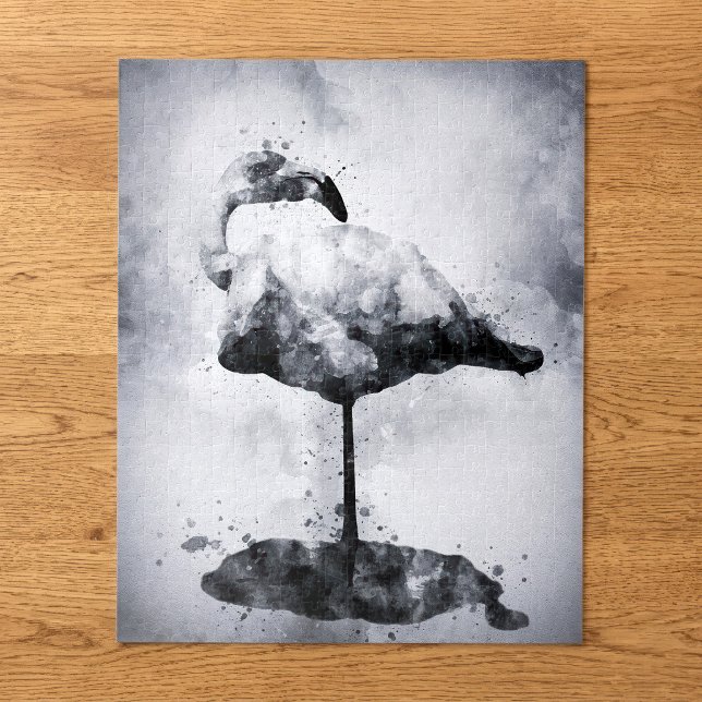 Quebra-cabeça Arte em Aquarela Preto e Branco de Flamingo Modern (Modern Flamingo Black and White Watercolor Art. Jigsaw Puzzle)