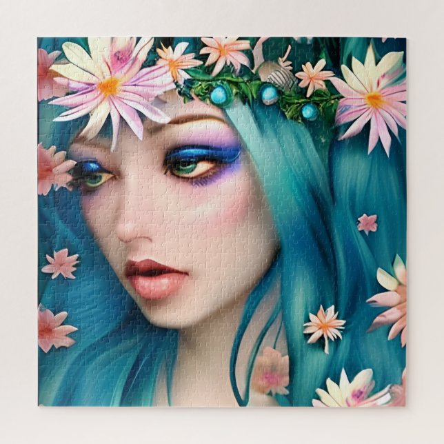 Quebra-cabeça Arte Etéreo | Fada Bonita com Cabelo Azul (Vertical)
