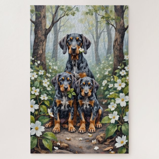 Quebra-cabeça Arte Floral da Floresta com Bluetick Coonhound (Vertical)