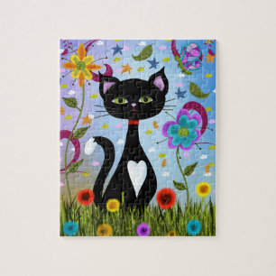 Quebra-cabeça Arte Folclórica Abstrata: Gatinho Preto e Branco E
