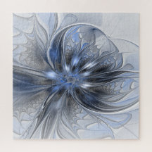 Arte Fractal Floral Abstrata em Aquarela Azul Cinz