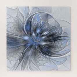 Quebra-cabeça Arte Fractal Floral Abstrata em Aquarela Azul Cinz