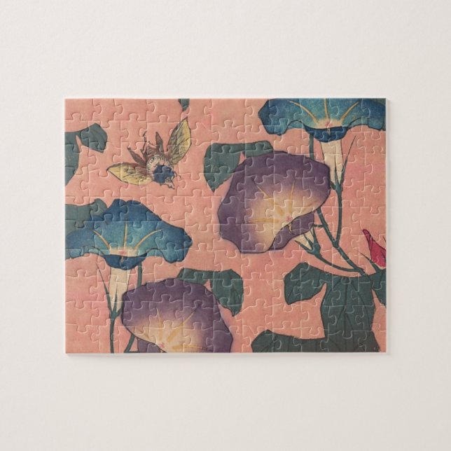 Quebra-cabeça Arte Hokusai Clássica de Flor Rosa (Horizontal)