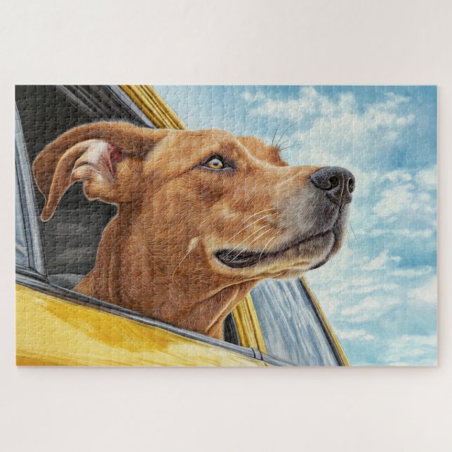 Quebra-cabeça Arte Impressa de Cachorro Feliz em Carro Amarelo (Horizontal)