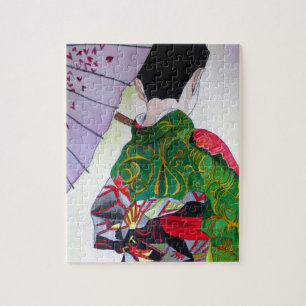 Quebra-cabeça Arte japonesa da gueixa com quimono e guarda-chuva