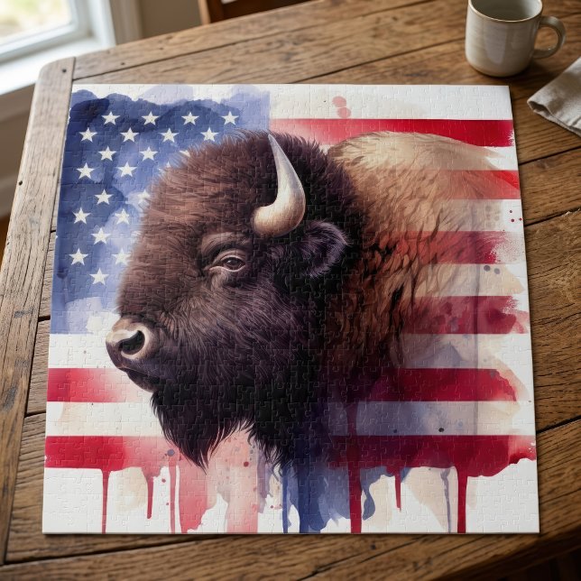 Quebra-cabeça Arte Magnífica de Bisonte Americano e Bandeira Pat (Majestic American Bison & Patriotic Flag Artwork. Jigsaw Puzzle)