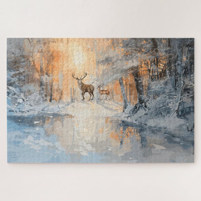 Quebra-cabeça Arte Magnífica de Cervos na Floresta de Inverno (Horizontal)