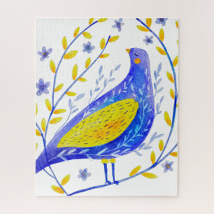 Quebra-cabeça Arte Moderna de Pássaro Azul e Amarelo em Aquarela