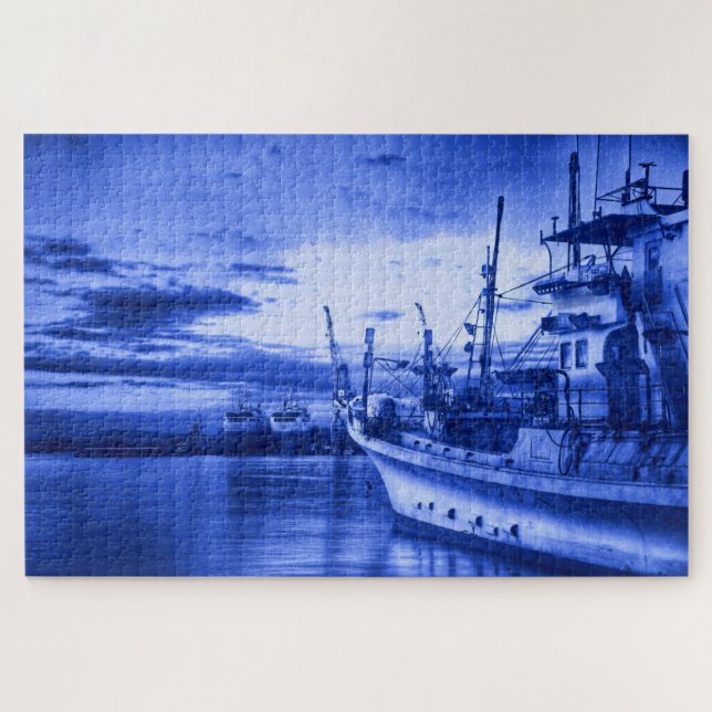 Quebra-cabeça Arte Náutica Estilo Holandês Delft Blue Fish Boat (Horizontal)