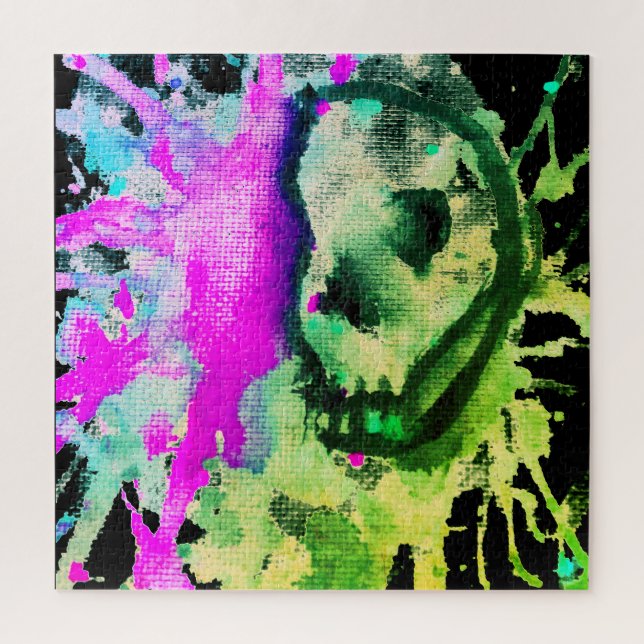 Quebra-cabeça Arte Neon de Halloween Aquarela de Crânio Gótico   (Vertical)