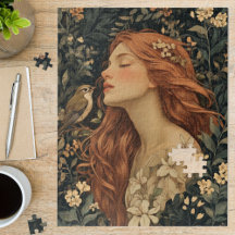 Arte Nova Donzela Floral Pássaro Arte Fina