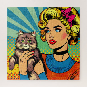Quebra-cabeça Arte Pop Comic Cartoon Mulheres Segurando Gato