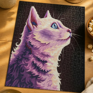 Quebra-cabeça Arte Pop de Gato Branco Psicodélico Vibrante