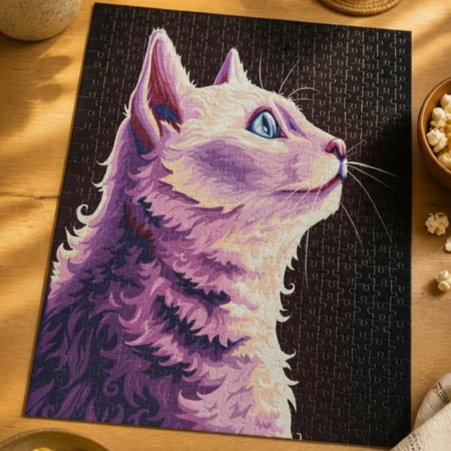 Quebra-cabeça Arte Pop de Gato Branco Psicodélico Vibrante (Criador carregado)