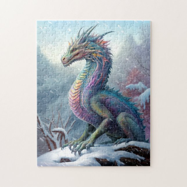 Quebra-cabeça Arte Rainbow Dragon Na Fantasia Da Neve (Vertical)