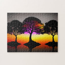 Quebra-cabeça Arte Silhueta Sunset com Árvores Negras e Cor