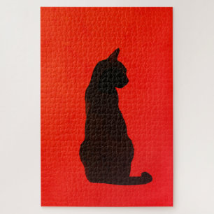 Quebra-cabeça Arte Vermelha Moderna Silhueta de Gato Preto Minim