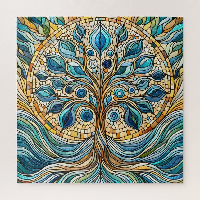 Quebra-cabeça Árvore da Vida Mosaico de Vidro Quebrado Azuis Aqu (Vertical)