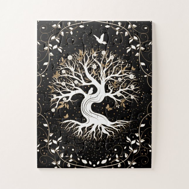 Quebra-cabeça Árvore da vida - Yggdrasil - branco preto e ouro (Vertical)