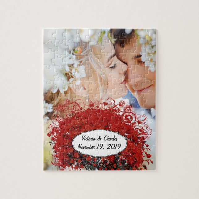 Quebra-cabeça Árvore de Folhas de Coração Vermelha (Vertical)