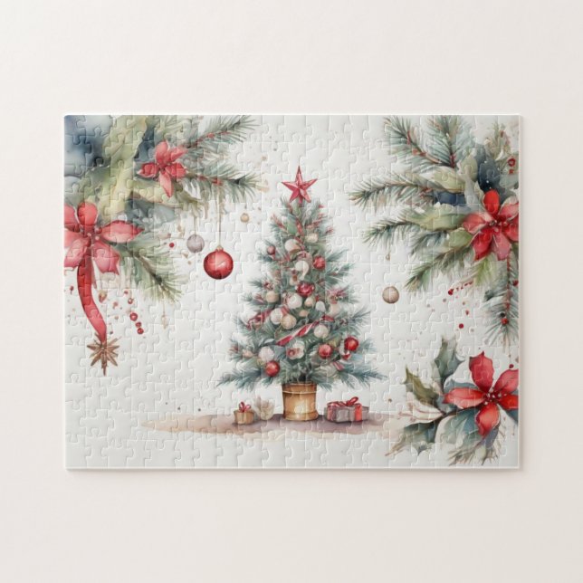 Quebra-cabeça Árvore de Natal decorada com aquarela (Horizontal)