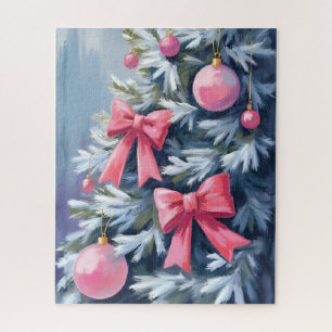 Quebra-cabeça Árvore de Natal Rosa   Laços Enfeites Aquarela