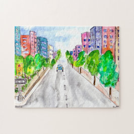 Quebra-cabeça Árvore Lined Street Watercolor Ink Art