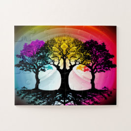 Quebra-cabeça Árvore Negra Silhuettes com Céu Cor-de-rosa amarel