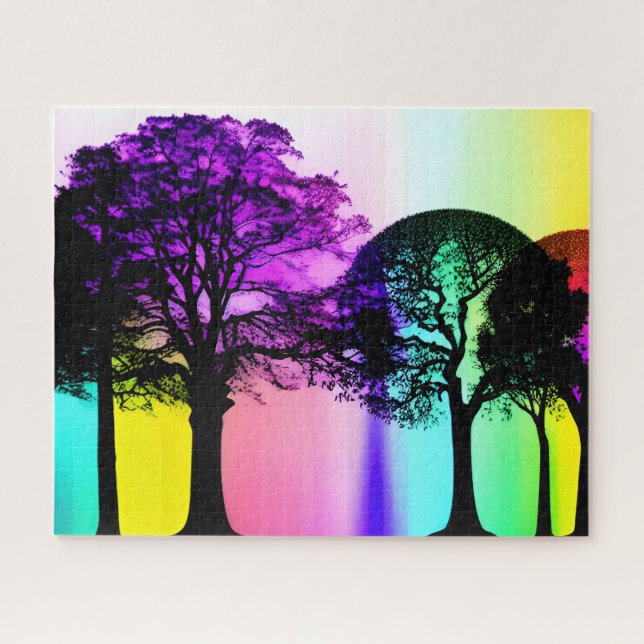 Quebra-cabeça Árvore Negra Silhuettes e Fundo Arco-íris (Horizontal)