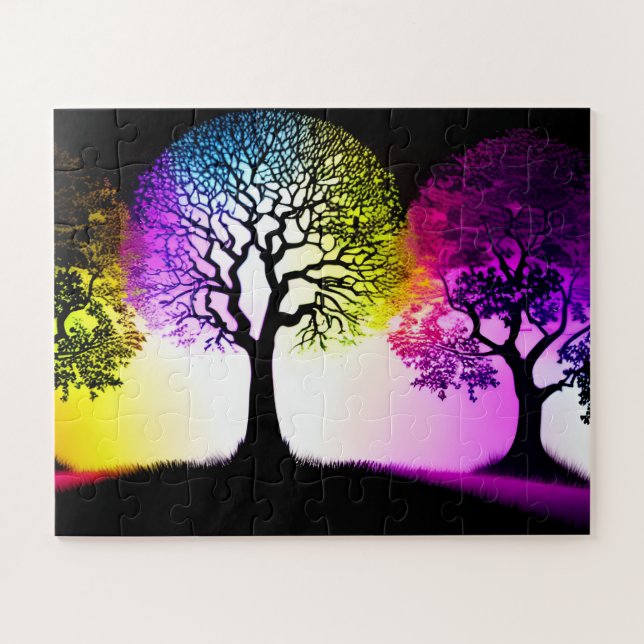 Quebra-cabeça Árvore Silhuettes com o Rainbow Sky Flare (Horizontal)