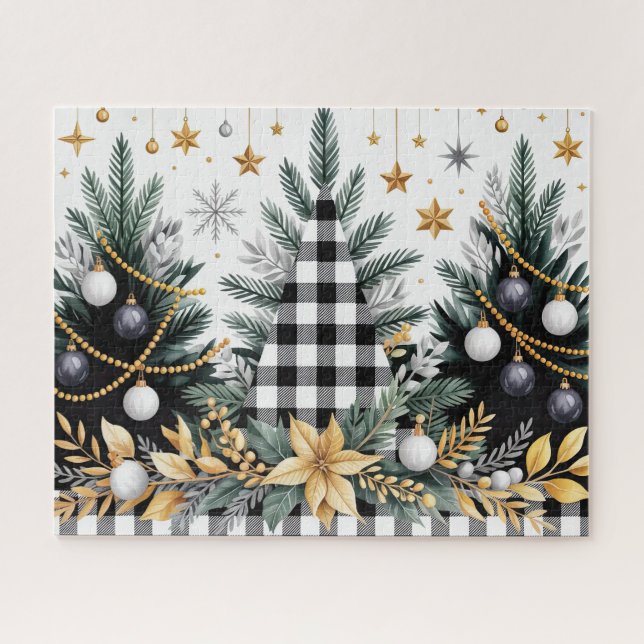 Quebra-cabeça Árvores de Natal Pretas/Brancas/Douradas (Horizontal)