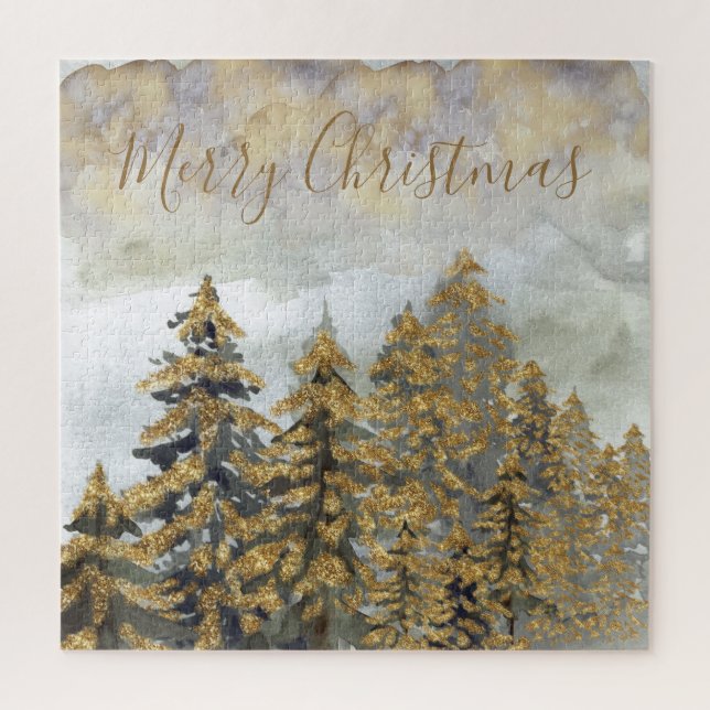 Quebra-cabeça Árvores de Natal Verdes Ouros Festivas (Vertical)