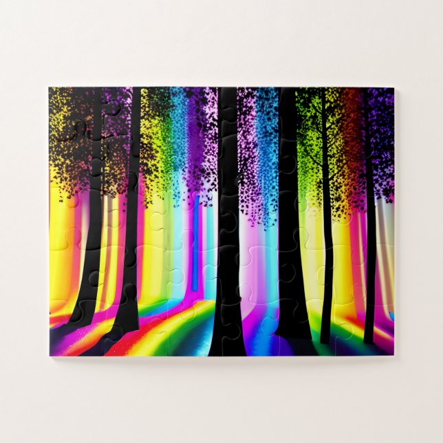 Quebra-cabeça Árvores Silhuetas na Floresta Arco-Íris Encantada (Horizontal)