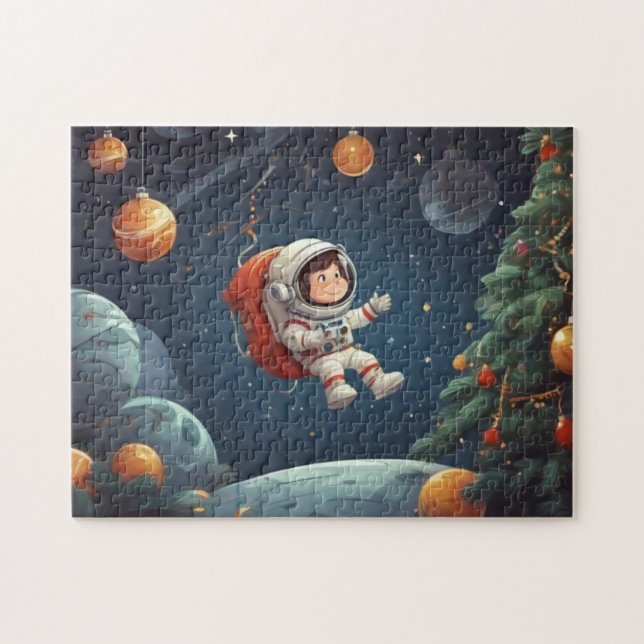 Quebra-cabeça Astronauta flutuando em torno da árvore de Natal (Horizontal)