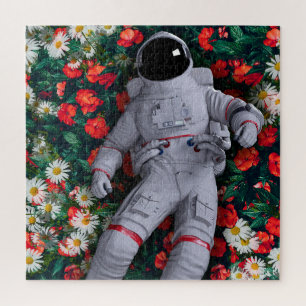 Quebra-cabeça Astronauta nas Flores Vermelhas e Brancas