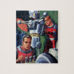 Quebra-cabeça Astronautas Vintage Science Fiction consertando um<br><div class="desc">Ilustração vintage: aliens futuristas de ficção científica e imagem de robôs apresentando um homem trabalhando em seu robô metálico. Um astronauta é um piloto que controla os controles do seu foguete. Retro clássico com estilo cômico de 50 s design de ficção científica.</div>