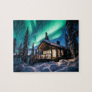 Quebra-cabeça Aurora borealis sobre a cabana de inverno