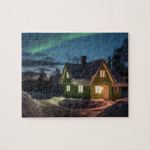 Quebra-cabeça Aurora borealis sobre a cabana de inverno