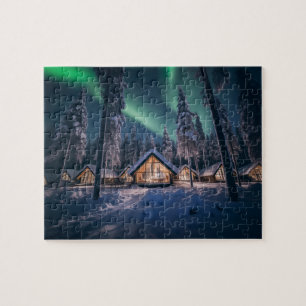 Quebra-cabeça Aurora borealis sobre a cabana de inverno