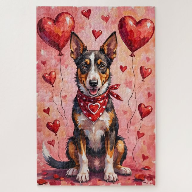Quebra-cabeça Australian Kelpie Valentine Dog Art with Hearts (Vertical)