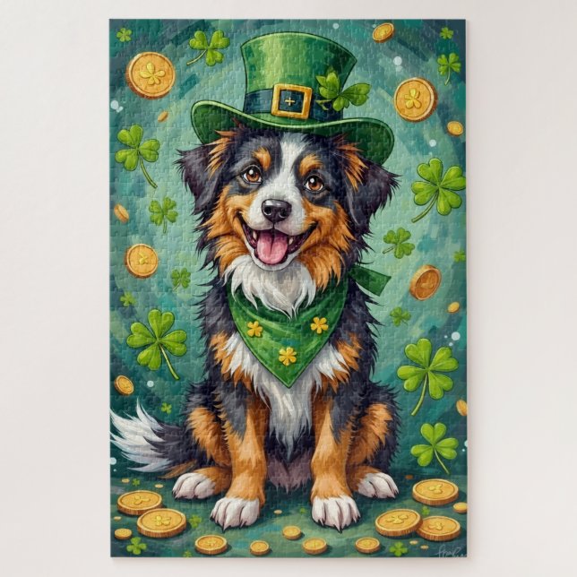 Quebra-cabeça Australian Shepherd Dia de São Patrício Cachorro S (Vertical)