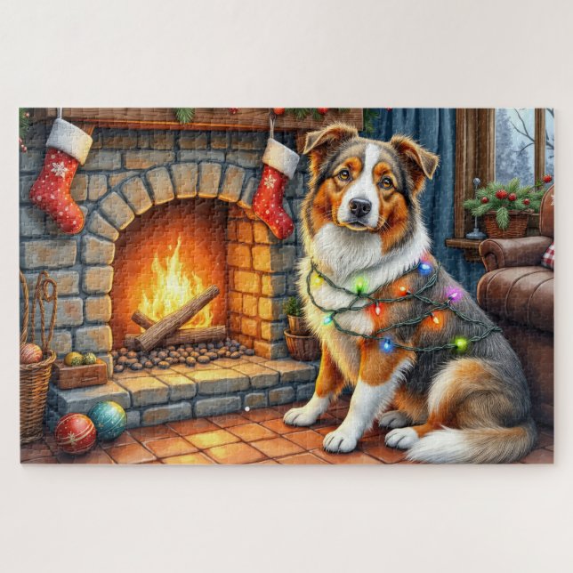 Quebra-cabeça Australian Shepherd Fireplace with Christmas Light (Horizontal)
