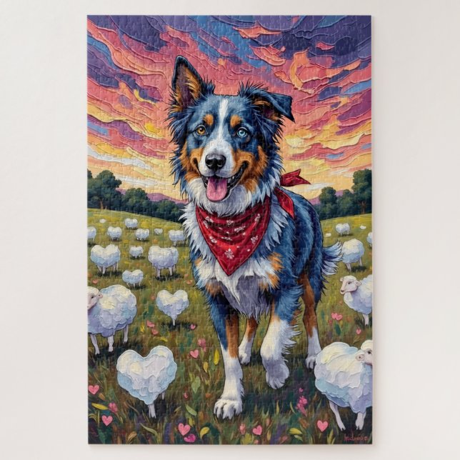 Quebra-cabeça Australian Shepherd Herding Heart-Grass Sheep (Vertical)