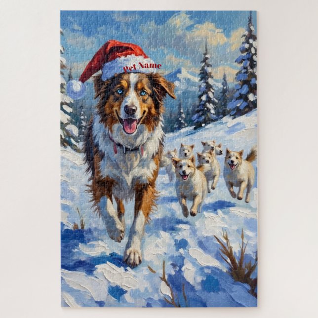 Quebra-cabeça Australian Shepherd Herding Snowballs with Santa (Vertical)